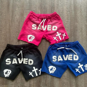 <b>Men's</b> High Street Summer Acid Wash <b>Shorts</b> Vintage Sun Fade Embroidery Applique <b>Patch</b> Distressed Cotton Sweat Custom Drawstrings - Product Image 4