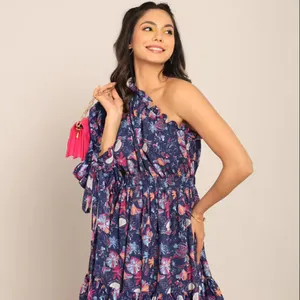 Multicolor Floral Printed One Shoulder Off Short Dress Fitted One Piece Stylish Summer & Spring Comfortable Perfect Office Wear
