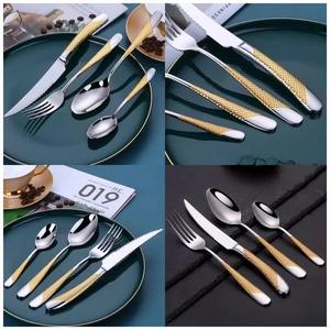 En vente en acier inoxydable couteau fourchette cuillère or argenterie métal ensemble de couverts pour mariage martelé motif poignées - Product Image 2