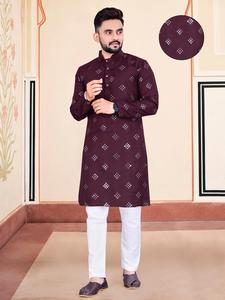 새로운 도착 일반 솔리드 코튼 Kurta 남자 웨딩 착용 코튼 Kurta 소년 코튼 패브릭 Kurta 매일 착용 - Product Image 4