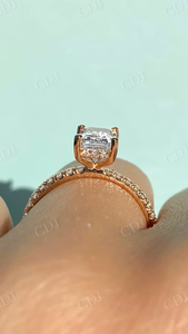 Bague de fiançailles Moissanite en or jaune massif 14K taille émeraude bijoux en diamant de haute qualité Halo caché demi-éternité GRA - Product Image 5