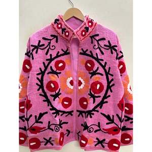 The Anaar Bagh Reversible Quilted Suzani Embroidered Cotton <b>Jacket</b> Blush Pink with Crimson Florals Custom Logo Bomber for Spring - Product Image 4