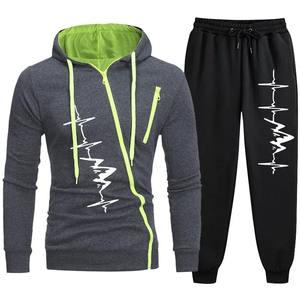 Marque hommes décontracté fermeture éclair hiver sport costume 100% coton veste pantalon à capuche col solide motif hiver vêtements de sport ensemble de vêtements - Product Image 1