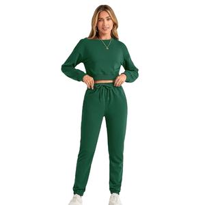 Conjunto Deportivo Informal Personalizado OEM de Dos Piezas para Mujer, Talla Grande, Top Corto y Pantalón Largo, con Pedrería, 100% Algodón, para Yoga - Product Image 1