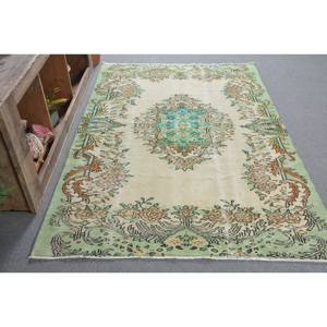 Tapis Vintage en Laine Turque 4ft 8in X 7ft 5in Vert Beige Patchwork Plat Armure Aubusson Décorations de Salon Latex - Product Image 3