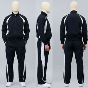 Ensemble de survêtement homme noir et blanc à rayures, fermeture éclair intégrale, col montant, style sportif, respirant, coupe régulière, longueur intégrale, en polyester, idéal pour l'automne - Product Image 4