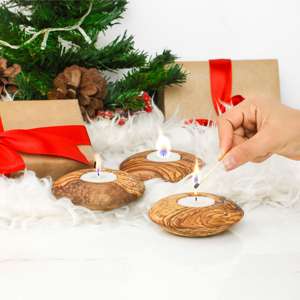 Bougeoir à thé en bois d'olivier fait à la main-Décor rustique naturel pour la maison Présentoir de bougies écologique fabriqué en TN - Product Image 2