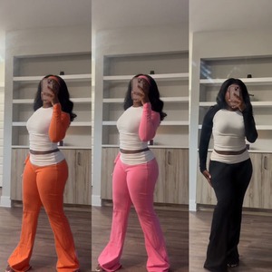 Conjunto de Top Corto de Manga Larga con Ribete en Contraste y Leggings Acampanados para Mujer, Color Sólido, Secado Rápido, Cuello Redondo, Manga Larga, Corte Regular - Product Image 5