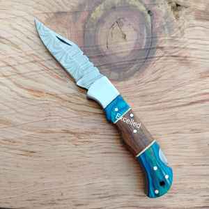 ที่กําหนดเองทําด้วยมือดามัสกัสกลับล็อคมีดพับด้ามไม้ฟรีหนังเปลือกมีด - Product Image 3