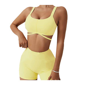Ensemble de sport en coton pour femmes, soutien-gorge et shorts froissés, deux pièces, vêtements de yoga taille haute sans couture à séchage rapide - Product Image 4