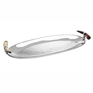 Plateau de service en argent martelé à la main avec poignées en corne, bord festonné décoratif, plateau ottoman pour la décoration de la maison et des hôtels de luxe - Product Image 3