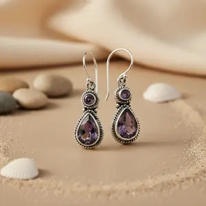 Boucles d'oreilles pendantes en argent 925 avec améthyste pour femmes - Product Image 1