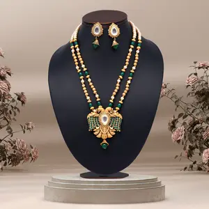 Beautiful Premium Long Matte Gold Temple Necklace Set With Earrings Indian Jewelry For Womens And Girls 2024 In Wholesale Price