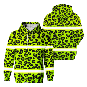 Green Leopard Pattern Hi Vis Hoodie Reflective Tapes Strips Workwear Hi Vis Custom Color Hoodies - Product Image 1