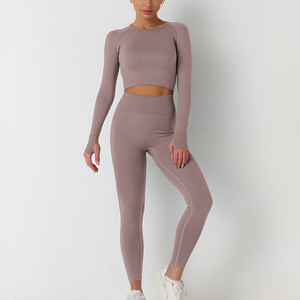 Ropa activa personalizada sin costuras para mujer Fitness Tank Top acanalado conjunto de entrenamiento Running Fitness deportes Yoga conjunto manga larga cuello redondo - Product Image 6