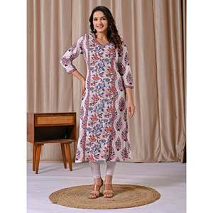 Kurti de Algodón con Estampado Jaal Blanco y Rosa, Corte Recto, Ropa Regional - Product Image 3