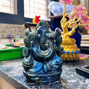 รูปปั้นพระพิฆเนศลาบราดอไรต์แกะสลักด้วยมือรูปปั้นพลอยสำหรับตกแต่งห้องพูจาอินเดีย - Product Image 3