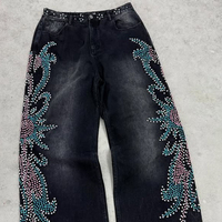 Boy Vintage güneş soluk mavi Baggy düğme kapatma Unisex Rhinestone sıkıntılı erkekler Denim pantolon Flare Staight bacak kot