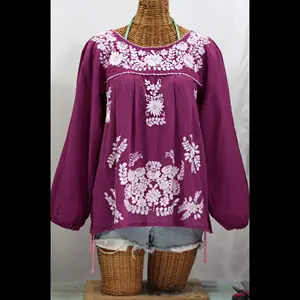 Top bohemio de estilo vintage, Túnica de algodón de verano de manga larga hecha a mano, blusa bordada campesina mexicana para mujer