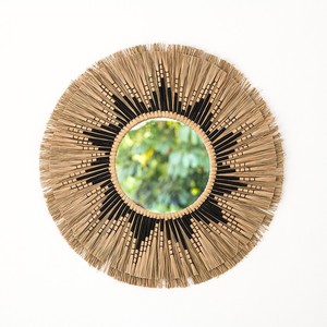 Beaux miroirs muraux encadrés en jonc de mer noir et marron D60 cm, miroir rond décoratif écologique pour hôtel à la maison - Product Image 2