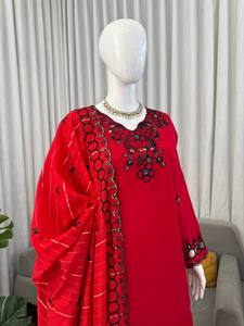 Red Embroidered <b>Silk</b> Salwar Kameez Set Black Lace Details Traditional Indian Pakistani Graduation Women Ankle-Length Dress - Product Image 5