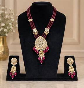 Parure Collier et Boucles d'Oreilles TISHYA DIAMOND en Alliage de Cuivre Plaqué Or, Coupe Brillante, Imitation Rubis, Perles et Pompons, Bijoux Ethniques pour Femme - Product Image 1