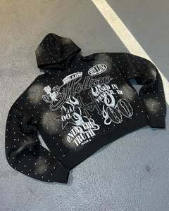 Logo personnalisé sérigraphie à manches longues pulls à capuche épais à impression numérique soleil délavé strass à capuche - Product Image 6