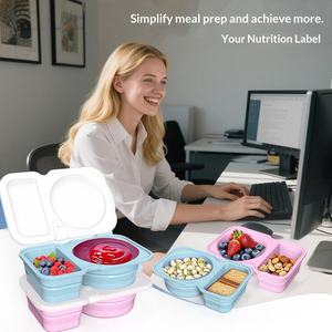 Boîte à condiments en silicone à double compartiment avec couvercle pliable, portable, capacité 301-500 ml, récipient à collation, boîte à sauce compartimentée - Product Image 1