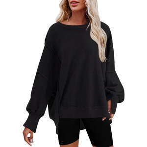 Drop Shoulder Womens Oversized Crewneck Sweatshirt Solid Color Side Slit Long Sleeve Pullover Slouchy Fit Tops pour les femmes - Product Image 1