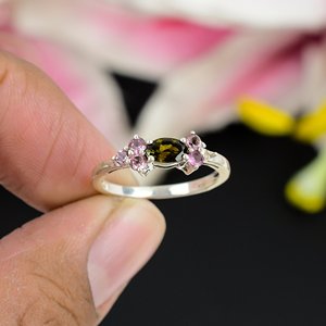 Natural Pink & Green Tourmaline Silver <b>Ring</b> | Handmade Designer Two Tone Gemstone <b>Statement</b> <b>Ring</b> For Women - Product Image 2
