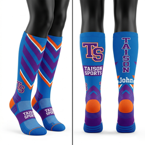 Premium breathable <b>polyester</b> spandex blend women cheer leading <b>socks</b> blue purple panel design custom sublimation logo men <b>socks</b> - Product Image 1