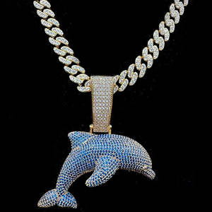 Pendentif dauphin bleu glacé en moissanite, plaqué or véritable, argent sterling, style hip-hop, bijoux unisexe pour homme, plaqué rhodium - Product Image 3