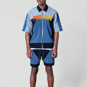 Ensemble de survêtement décontracté pour homme en coton mi-lourd imprimé uni avec veste coupe-vent et short - Product Image 1