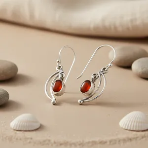Boucles d'oreilles pendantes en argent sterling 925 avec corail, serti clos, bijoux classiques pour femmes, à porter au quotidien - Product Image 2