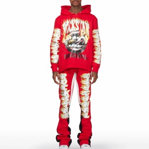 Personalizado Y2K impresión gráfica de los hombres chándal ropa de calle Jogging Unisex serigrafía Sudadera con capucha y pantalón acampanado conjunto - Product Image 1