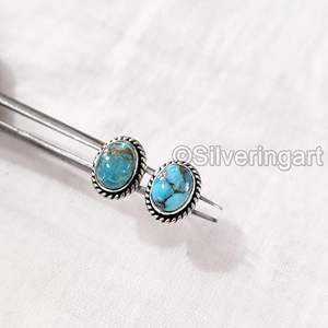 Pendientes de Botón para Mujer, Turquesa Azul Natural, Gema, Joyería Bohemia Hecha a Mano, Plata de Ley 925 - Product Image 6