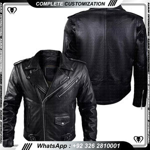 High Quality Men's Casual Stand Collar Cow <b>Skin</b> Motorcycle Leather Jacket with Zipper Pockets - Product Image 6