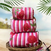 Sacs à cosmétiques vintage en coton matelassé, imprimés à la main, grands, personnalisables, durables, avec fermeture éclair, résistants à l'eau, écologiques, lot de 3
