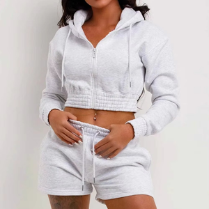 Custom Logo Winter Breathable <b>Crop</b> <b>Top</b> Hoodie Short Set <b>Men</b> Zipper Biker Short Set 2 Piece Fleece Jogger Clothing 100% Cotton - Product Image 1