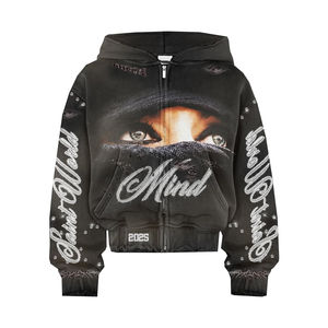 Sweat à capuche zippé surdimensionné en molleton français délavé à l'acide, coupe ample et courte, avec détails en strass - Product Image 3