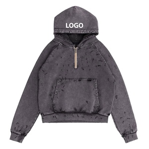 Sudadera con Capucha de Tela de Rizo Sólida Personalizada, Diseño de Parches Desgastados, Estilo Vintage de Invierno, 100% Algodón, Corte y Costura Tejida, Corte Regular para Hombre, Larga - Product Image 2