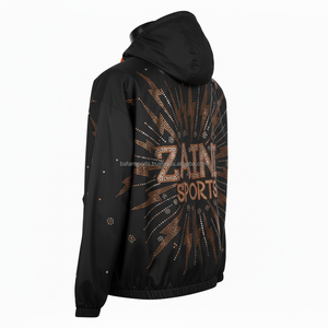 Chaqueta cortavientos de microfibra de lujo, chaqueta cortavientos deportiva personalizable con adornos de diamantes de imitación negros y naranjas para hombre - Product Image 4