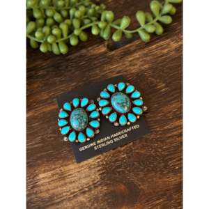 Boucles d'oreilles pendantes en turquoise de Kingman Navajo et argent sterling, plaqué or, motif floral, grappe de perles et diamants, faites à la main - Product Image 3