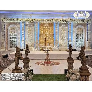 Increíble Decoración de Escenario para Bodas del Sur de la India, Elegante Escenario de Boda con Temática Blanca y Dorada, Gran Escenario de FRP para Bodas en Australia - Product Image 1
