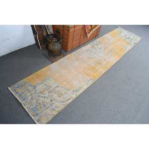 Tapis de couloir vintage 2,2x9,6 pieds, motif plantes et arbres jaunes, tapis en laine turque - Product Image 2