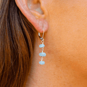 Women's Handmade Sterling Silver <b>Earrings</b> with Aquamarine Small Chips Smooth Gemstone Drop Dangling Lever Back Classic Style - Product Image 5