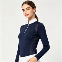 Damen Marine Reitshirt mit Viertelreißverschluss, feuchtigkeitsableitend, weißem Besatz und Mesh-Einsatz, Langarm, OEM-kundenspezifisch