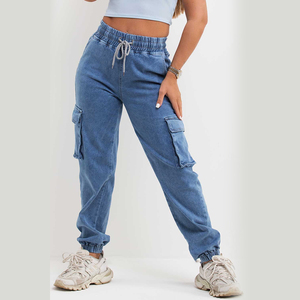 Pantalones vaqueros azules de moda para mujer de calidad superior, bolsillo utilitario personalizado, cintura elástica, Frente plano, diseño elegante a la moda - Product Image 1
