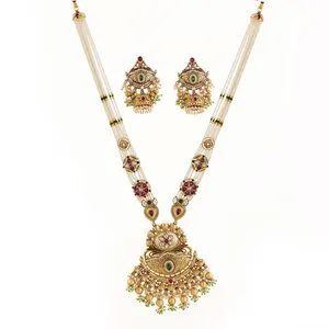 女性用ポルキジュエリーの真珠がセットされた卸売人工アンティークマットゴールドメッキロングネックレス