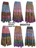 Rok Wanita Seksi Kasual Bahan Sutra Polyester Bernapas Bordir Alami Motif Bunga Panjang Menyentuh Lantai Gaya Boho Barat Berlapis-lapis Ruffle Multi Skirt
